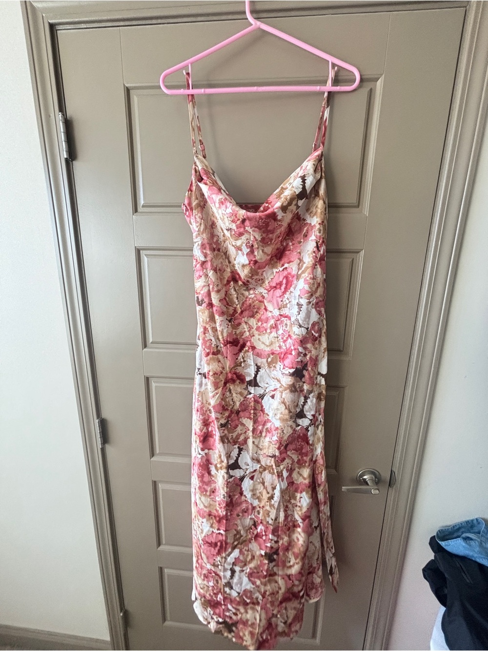 Floral Satin Slip Dress in Pink & Cream